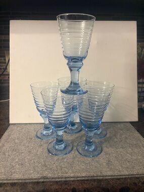 6 Vintage Libbey  Blue Sirrus  Rings Glasses  # 1628.  5 are 7”, 1 is 7 1/4”